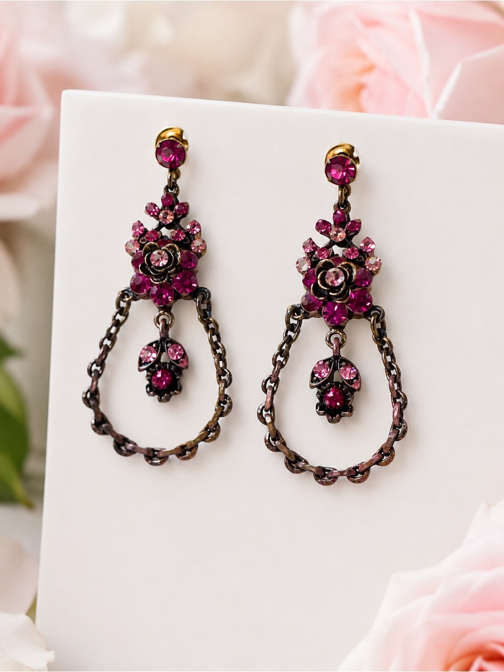 Vintage Style Pink Rhinestone Floral Chandelier Drop Earrings